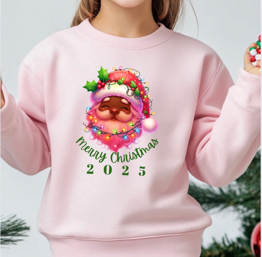 Christmas Santa Crewneck Sweatshirt with Lights and Merry Christmas Text